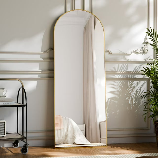 Modern Arch-Top Standing Mirror | Semi-Round Rectangular Golden Aluminum Frame Floor Mirror
